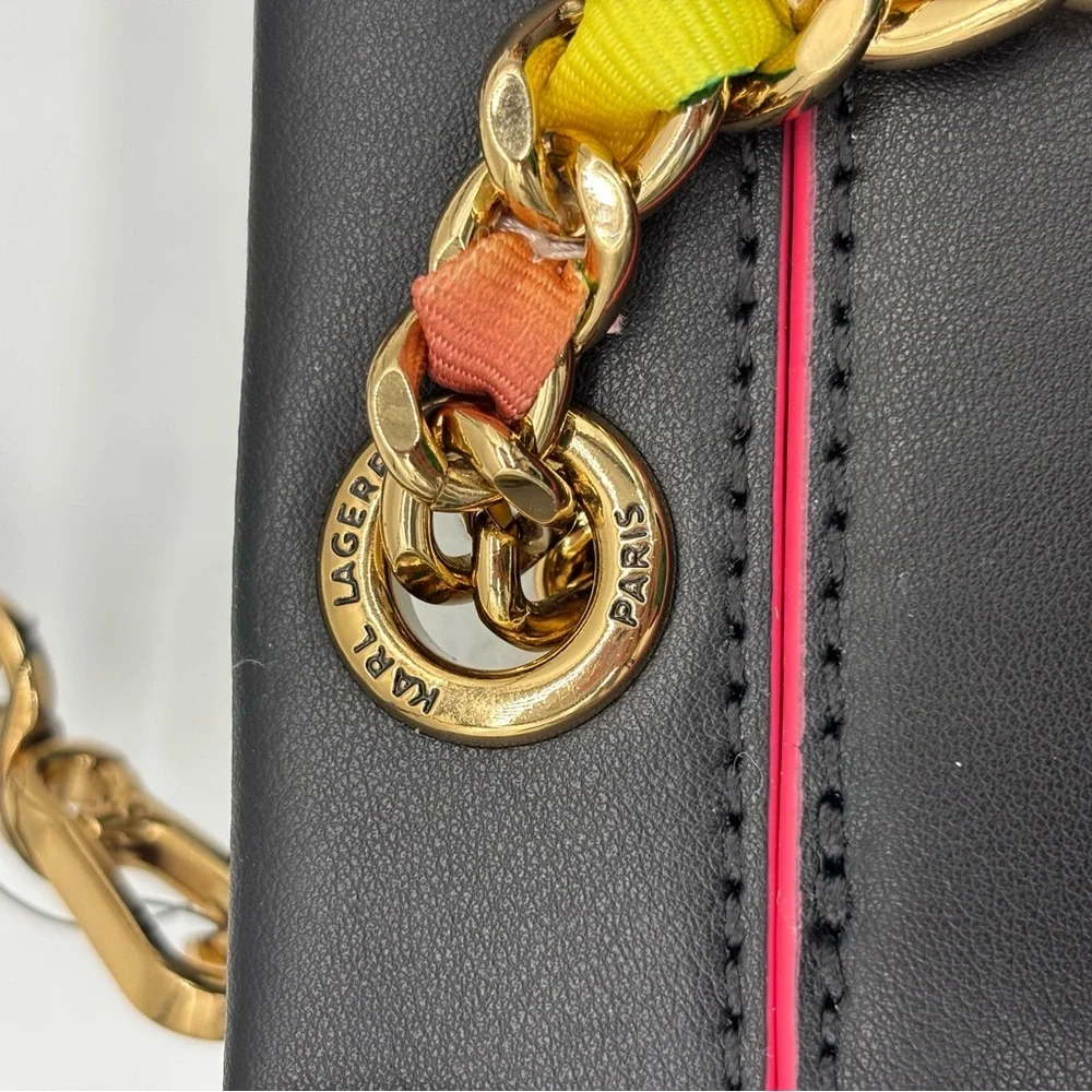 Karl Lagerfeld Black and Pink Leather Crossbody Bag with Multicolor Chain
